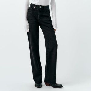 Zara Women's TRF High Rise Wide Leg Jean Black Denim